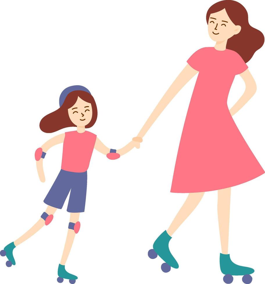 Mother and daughter, both wearing protective gear, joyfully holding hands while roller skating together, embracing fun and creating cherished memories during their outdoor adventure vector