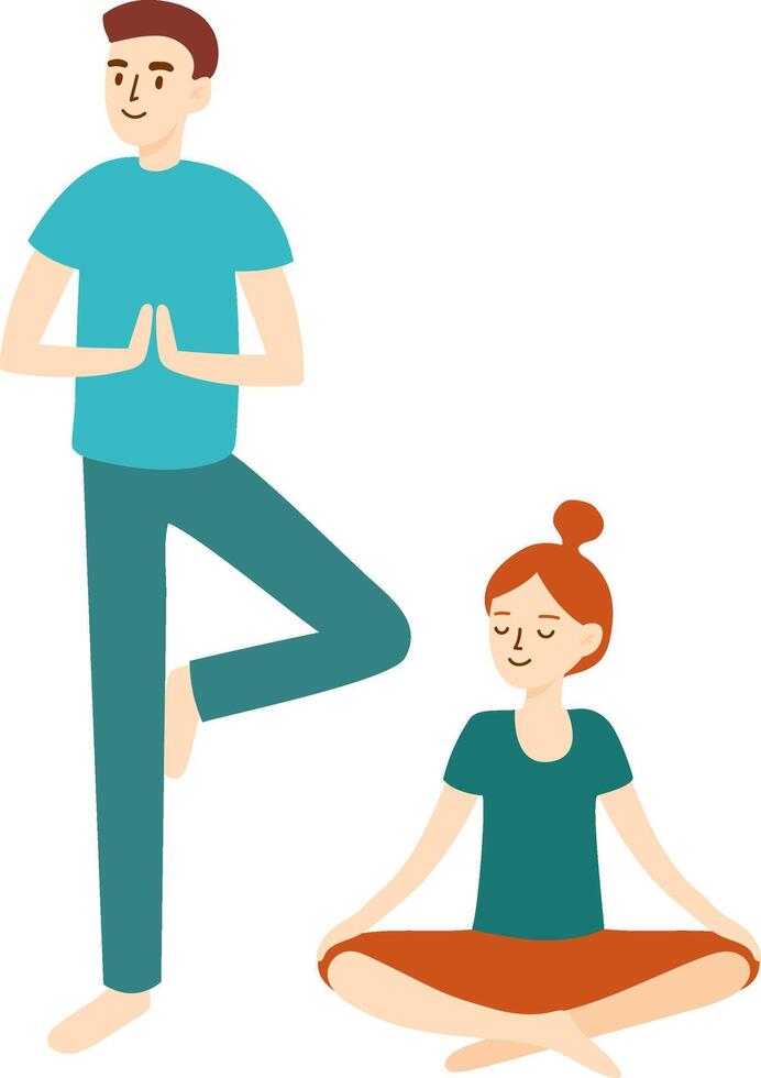 Couple engaging in yoga practice together, meditating and performing tree pose, enhancing mindfulness, relaxation, and overall physical well being while fostering harmony and connection vector
