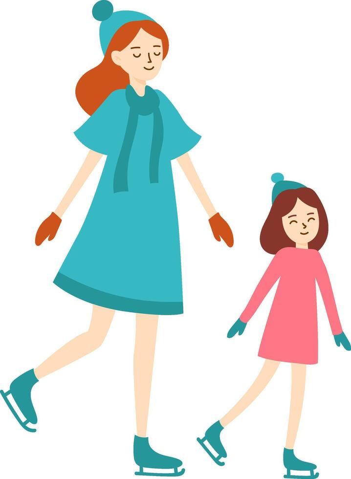 Mother and daughter, bundled in warm winter clothes, ice skating together at a festive rink, sharing joyful moments and creating lasting memories during the holiday season vector