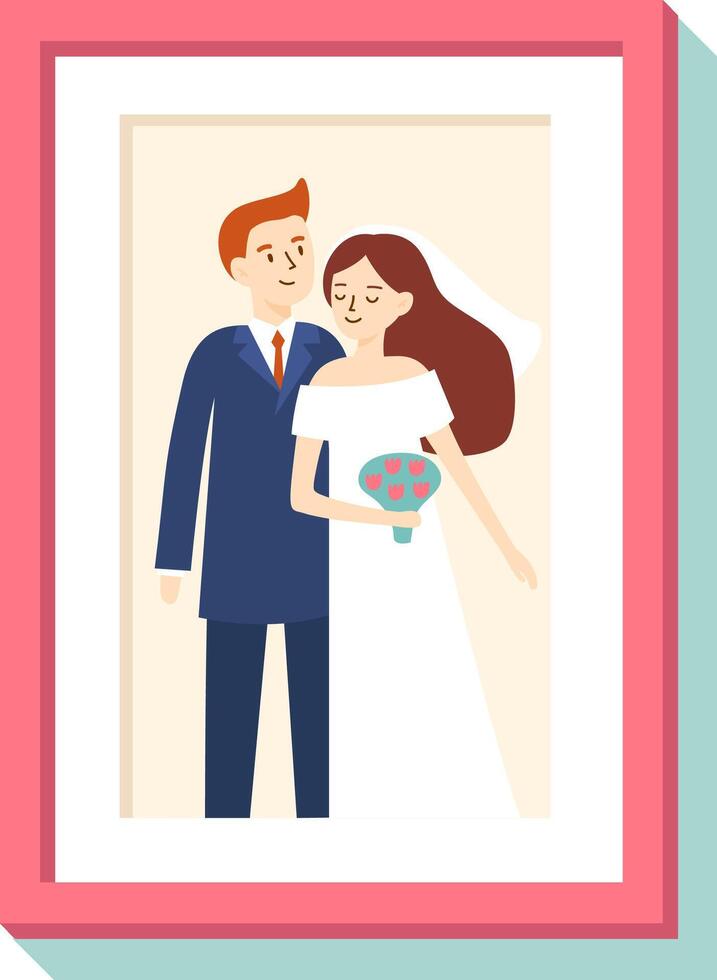 Wedding portrait showing groom wearing blue suit and bride in white dress holding bouquet inside picture frame, illustration in simple cartoon flat style vector