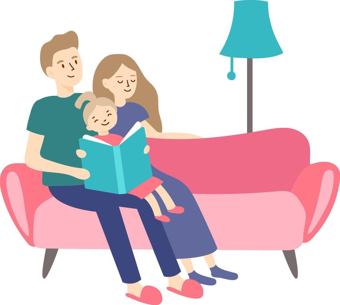 Parents and daughter spending quality time together, reading a book on a comfortable sofa in their living room, creating a warm and loving family atmosphere vector