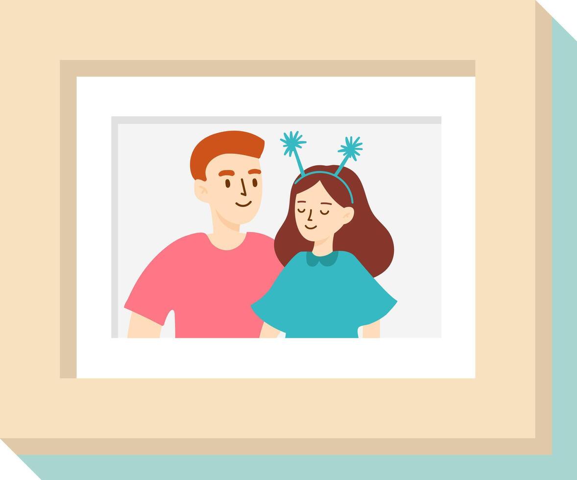 Smiling couple enjoying a joyful moment, with the woman wearing a whimsical headband featuring playful antennas, beautifully framed in a light brown frame with passepartout vector