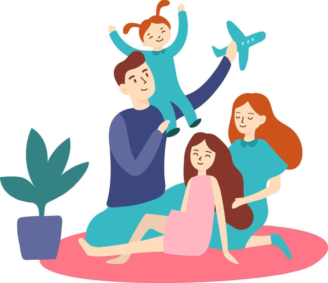 Parents engaging in playful activities with their daughters, lifting the youngest while holding a toy airplane, all while sitting together on a cozy rug indoors vector