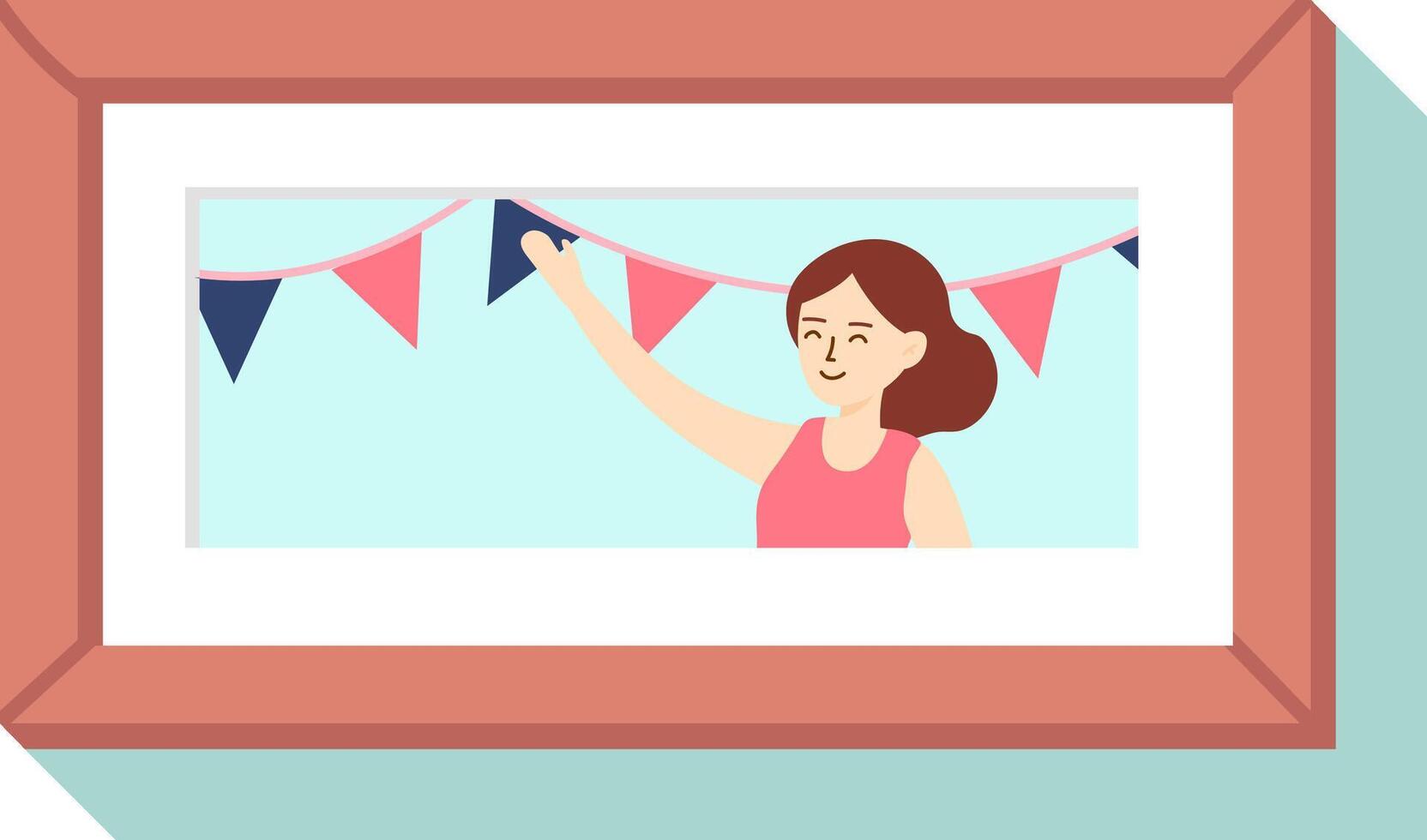 Event organizer preparing vibrant decorations, hanging colorful triangle flags on a string within a picture frame, creating a festive atmosphere for an upcoming celebration vector