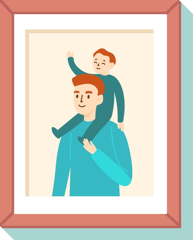 Happy family portrait representing fatherhood, showing a father carrying his son on shoulders, waving hand, framed photo hanging on the wall vector