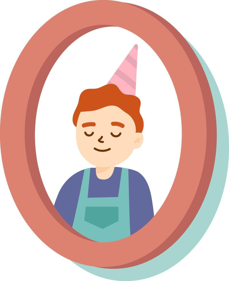 Cartoon style illustration of a young smiling boy wearing party hat and apron inside an oval frame, celebrating a birthday or special event vector