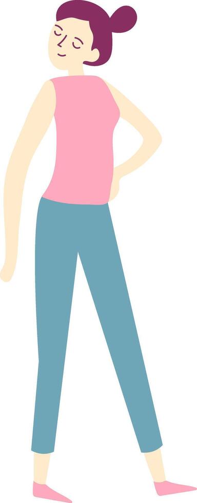 Young woman with her hair tied up in a bun, wearing a pink sleeveless top and teal pants, stands with one hand on her hip, exuding confidence and enjoying a moment of relaxation vector