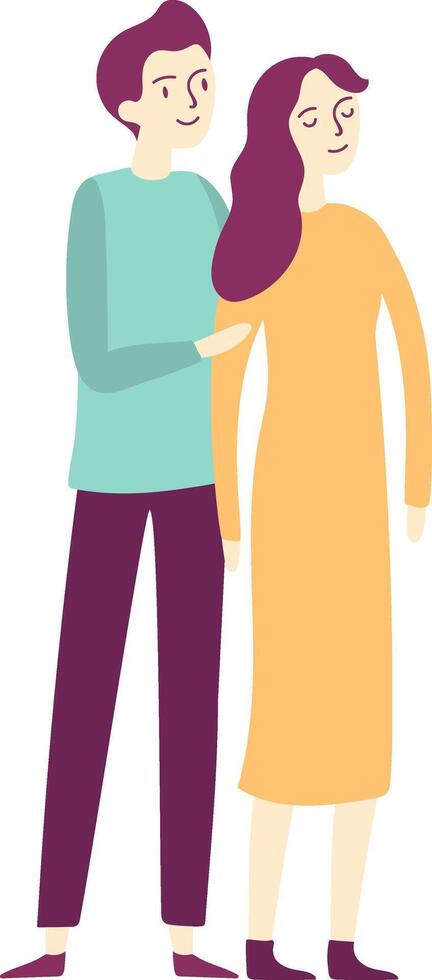 Happy couple standing close together, young man wrapping his arm around the woman's shoulder, embodying love and connection in their joyful relationship vector