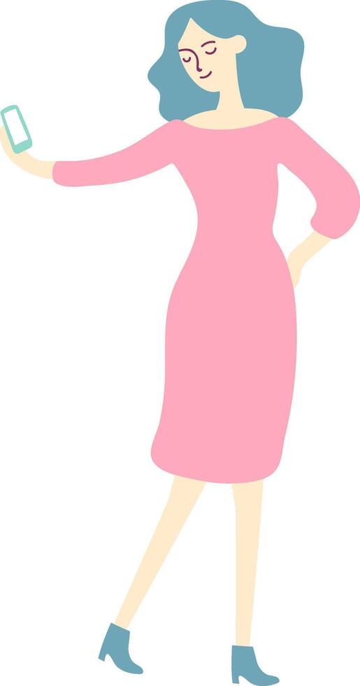 Full length illustration of a young woman with blue hair wearing a pink dress and blue boots, taking a selfie with her smartphone while walking, isolated on a white background vector