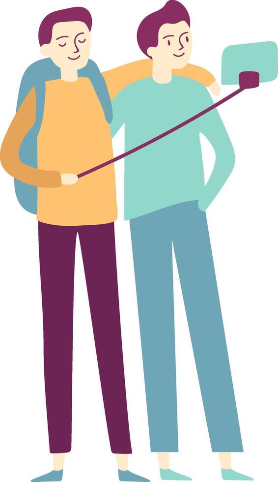 Two male friends, backpacks slung over their shoulders, capturing a joyful selfie with a stick, celebrating their adventurous journey together in a vibrant outdoor setting vector