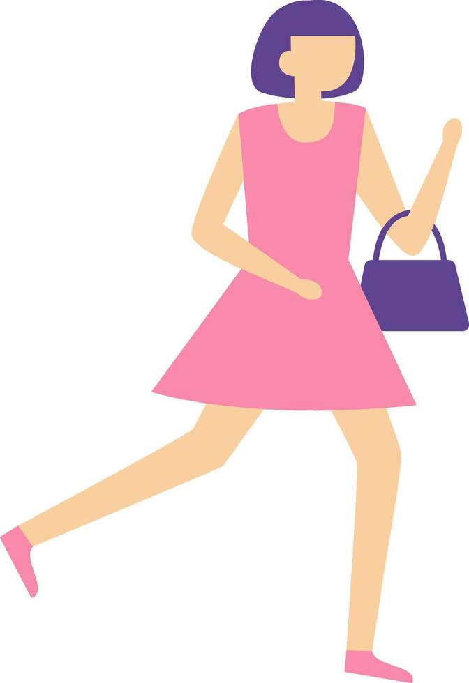 Young woman running with a purple handbag and a pink dress, representing concepts like shopping, hurrying, being late, or simply an active lifestyle vector