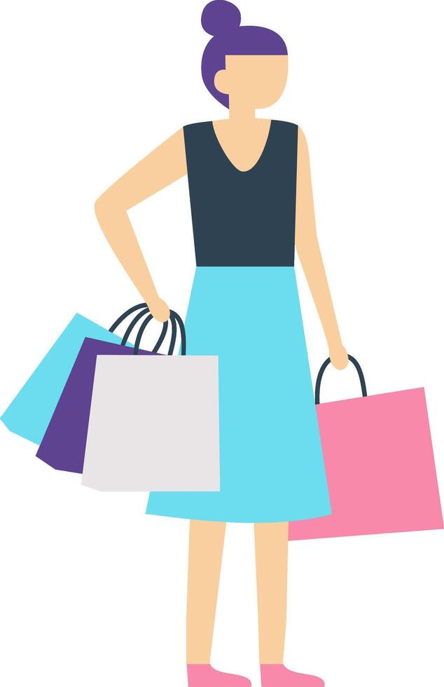 Young woman with vibrant purple hair, dressed in casual clothing, joyfully holding shopping bags filled with new clothes after a successful shopping trip vector
