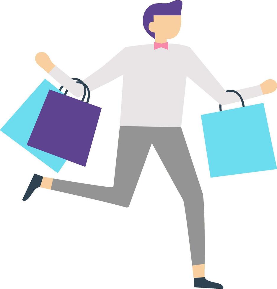 Young stylish man running and holding shopping bags after purchasing goods in store, enjoying seasonal sales and discounts, expressing positive emotions, happy customer with purchase vector