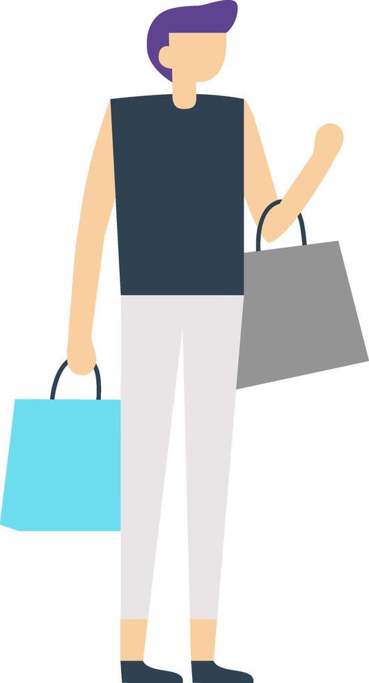 Stylish young man with purple hair is walking and holding shopping bags after a successful shopping spree, enjoying his purchases and feeling satisfied vector