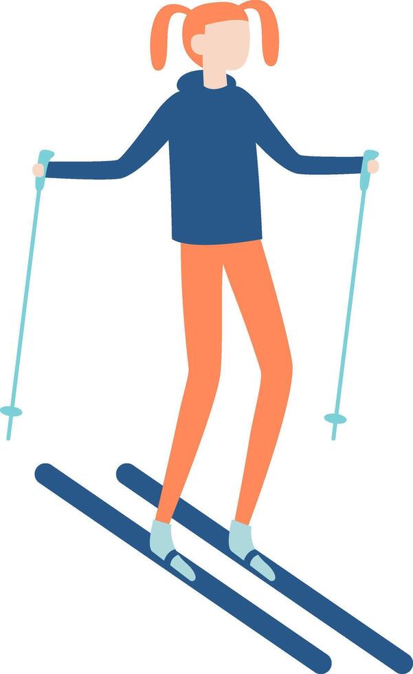 Young woman skiing downhill holding ski poles enjoying winter holidays in mountain resort wearing warm blue jacket and orange pants during leisure activity vector