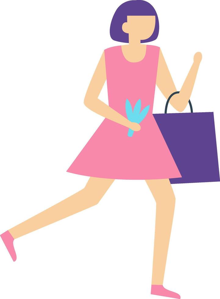 Happy woman running joyfully with a shopping bag filled with flowers, radiating excitement and delight during a vibrant shopping spree, embodying the essence of retail therapy vector