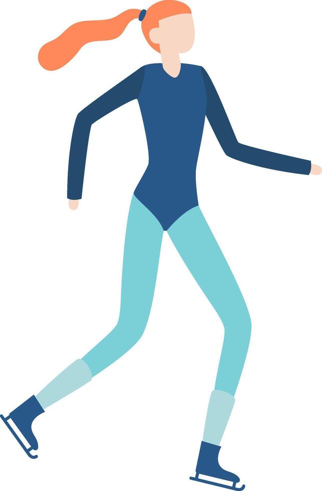 Redhead ice skater wearing a blue competition suit is gliding on ice, performing a dynamic and graceful routine, showcasing athleticism and artistry vector