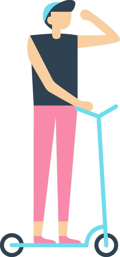 Stylish man wearing a cap, riding an electric scooter and looking away, captured in a simple, trendy flat illustration against a clean white background vector