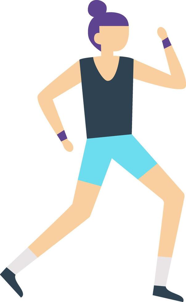 Young woman with purple hair tied in a bun is jogging wearing a dark blue tank top, light blue shorts, white socks and dark shoes with purple wristbands vector