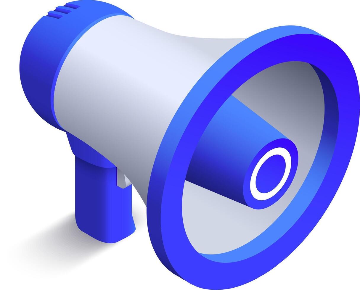Blue and white megaphone casting a bold shadow on a white background, creating a powerful announcement, perfect for enhancing marketing and advertising campaigns vector