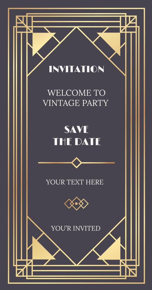 Golden frame adorned with intricate art deco ornaments sets the stage for a vintage party, inviting guests to save the date for an elegant celebration filled with glamour vector