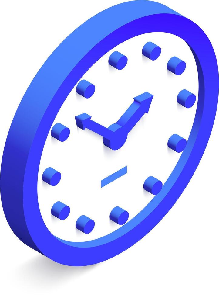 Classic blue clock showing half past eleven, with hour and minute hands moving forward, in isometric view, isolated on white background, representing time management, deadlines, and scheduling vector