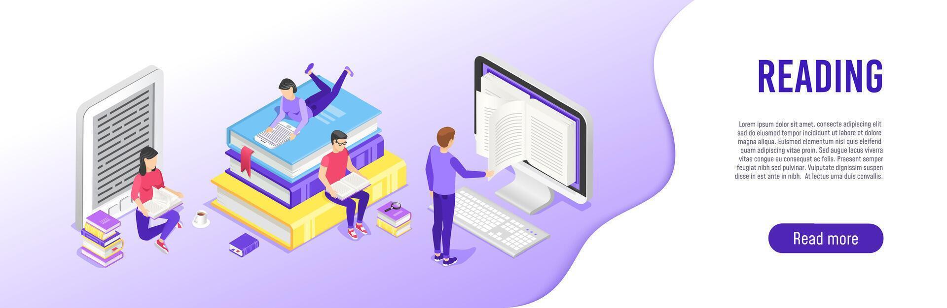 Students learning, reading paper books, ebooks, using computer, studying and preparing for examination, online education, library, bookstore concept vector