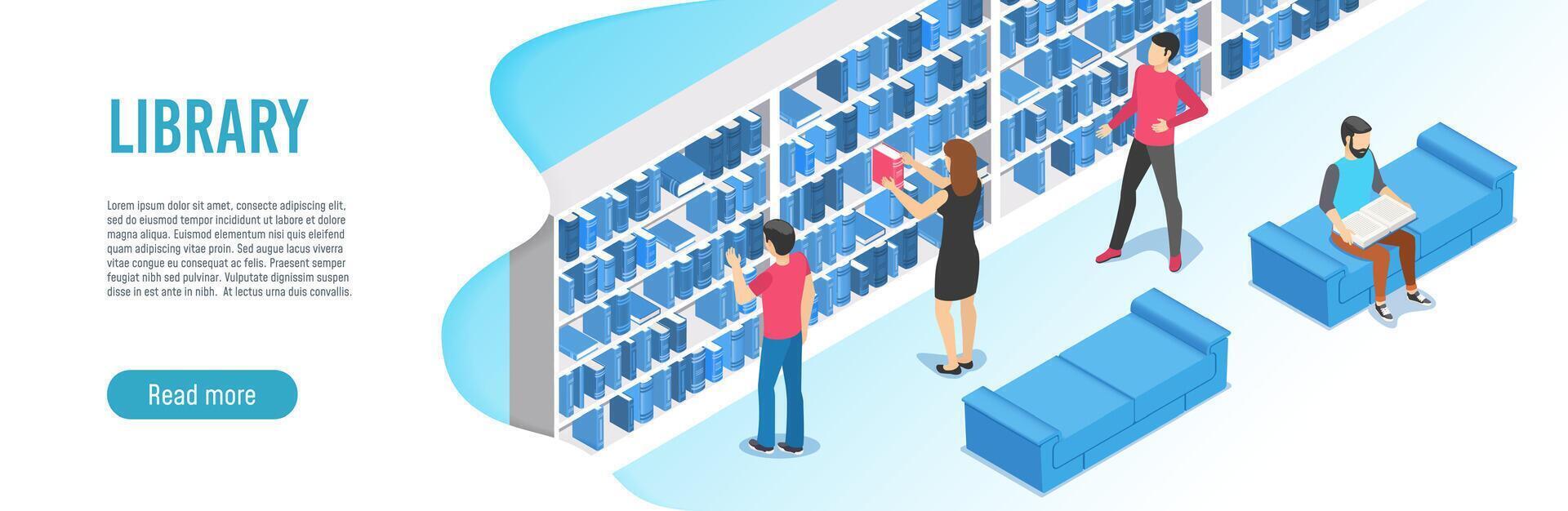 Isometric illustration representing students and young people searching and reading books on blue sofas and bookshelves inside a public library vector