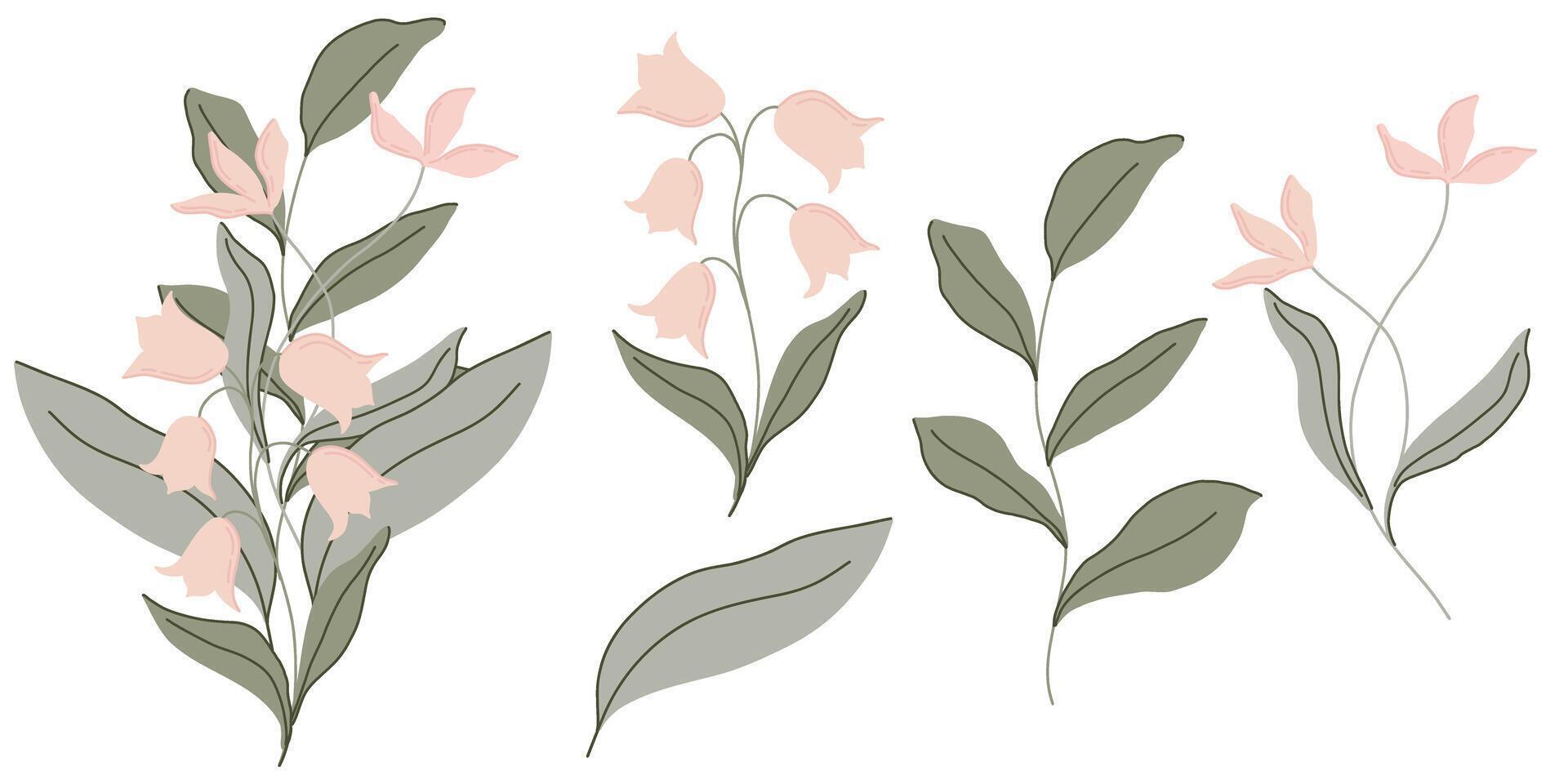 Hand drawn floral illustration with soft pink flowers and green leaves in a minimalist style. Elegant botanical composition, perfect for stationery, textile design, branding, packaging, or decor vector