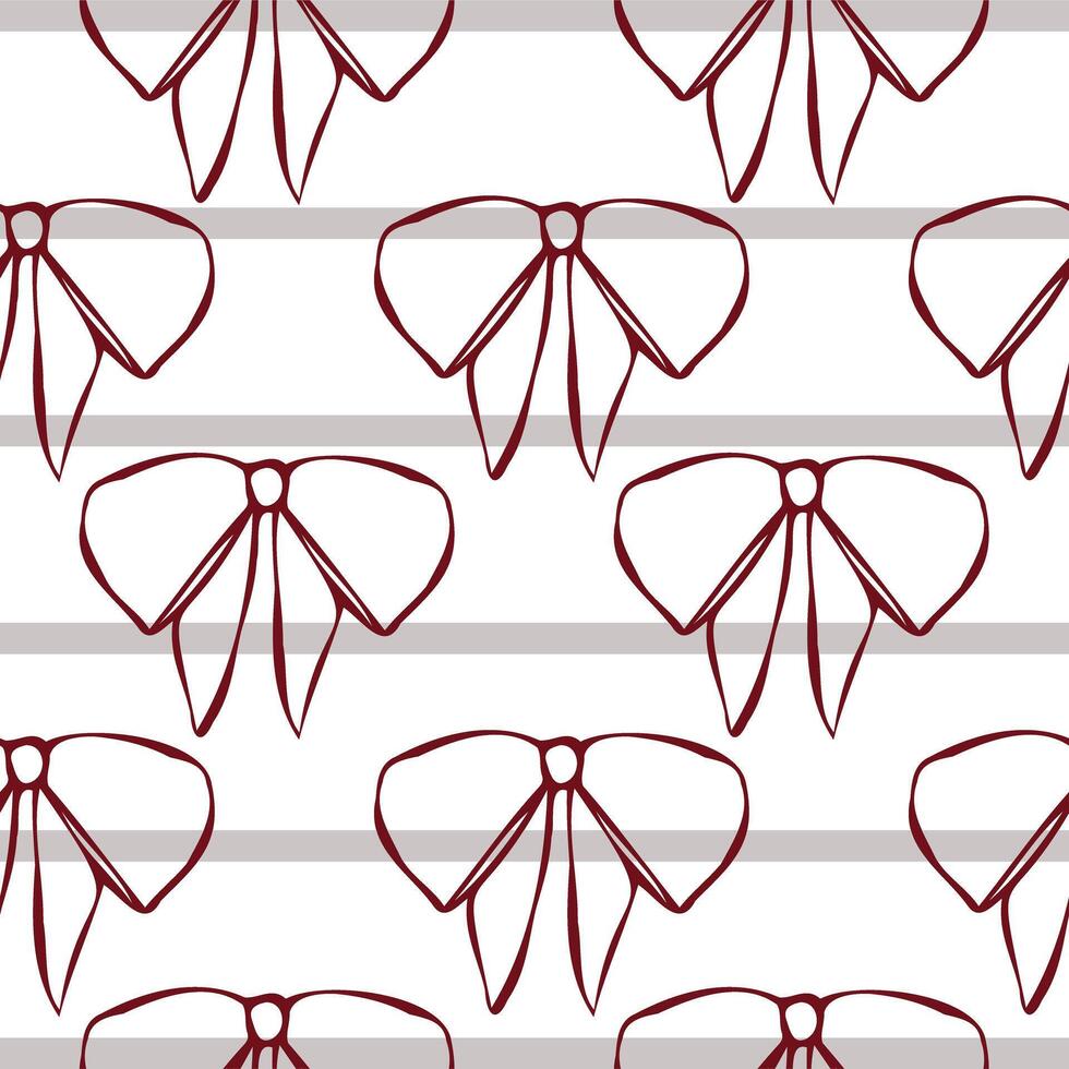 Hand drawn seamless pattern with elegant bows in red on striped background. Minimalist linear style. Perfect for textiles, wallpapers, gift wrapping, stationery, fashion prints, branding, packaging vector