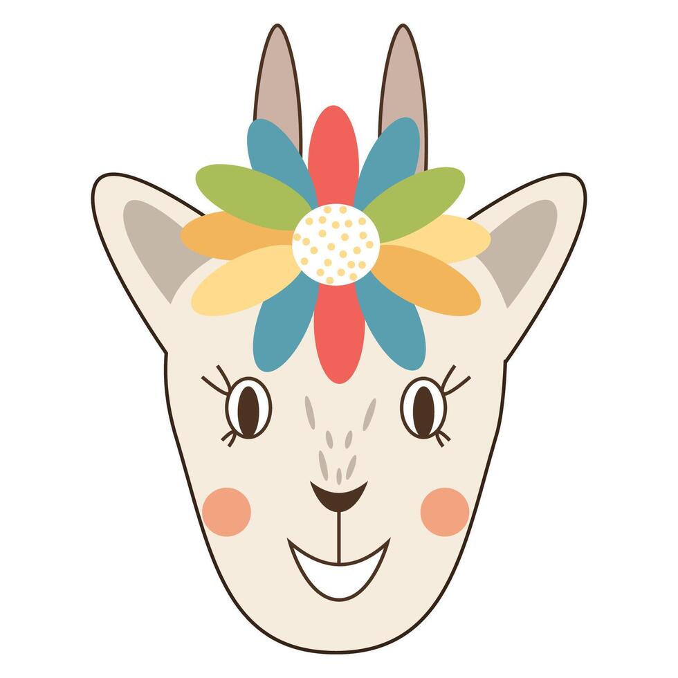 Smiling goat with a colorful flower crown. illustration. vector
