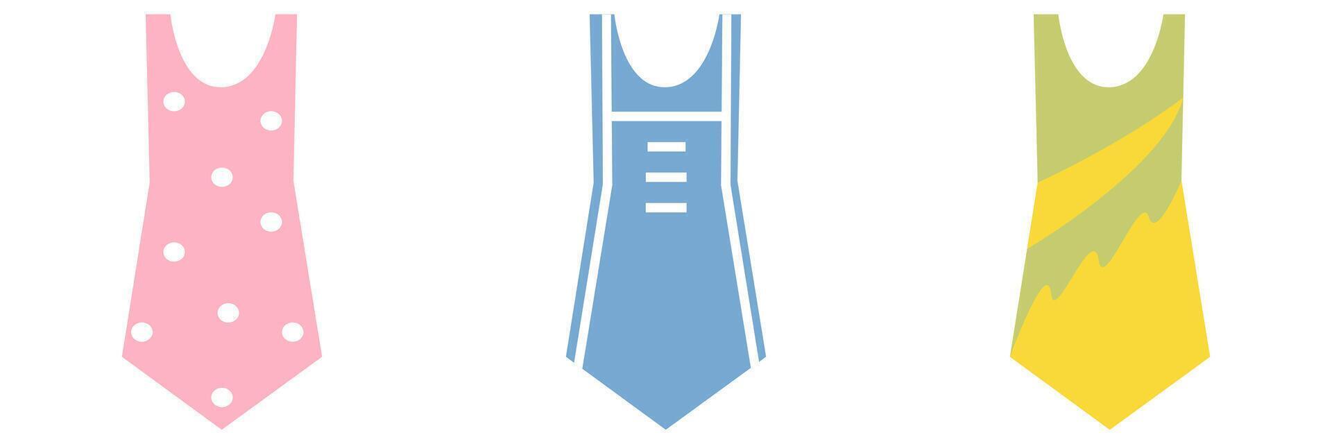 Three swimsuits in pink, blue, and yellow designs. illustration. vector