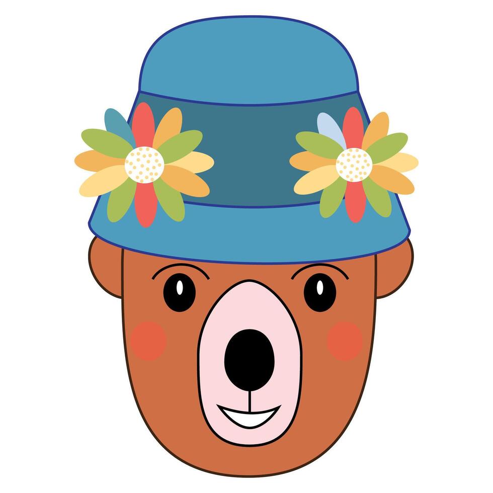 Cartoon bear wearing a hat with colorful flowers. illustration. vector