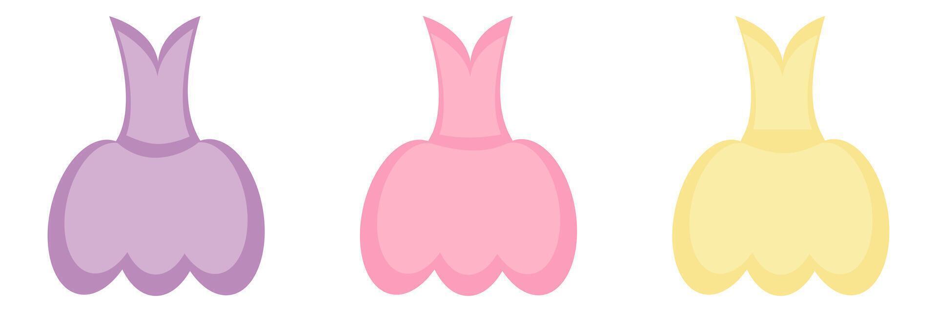 Three dresses in pastel purple, pink, and yellow. illustration. vector