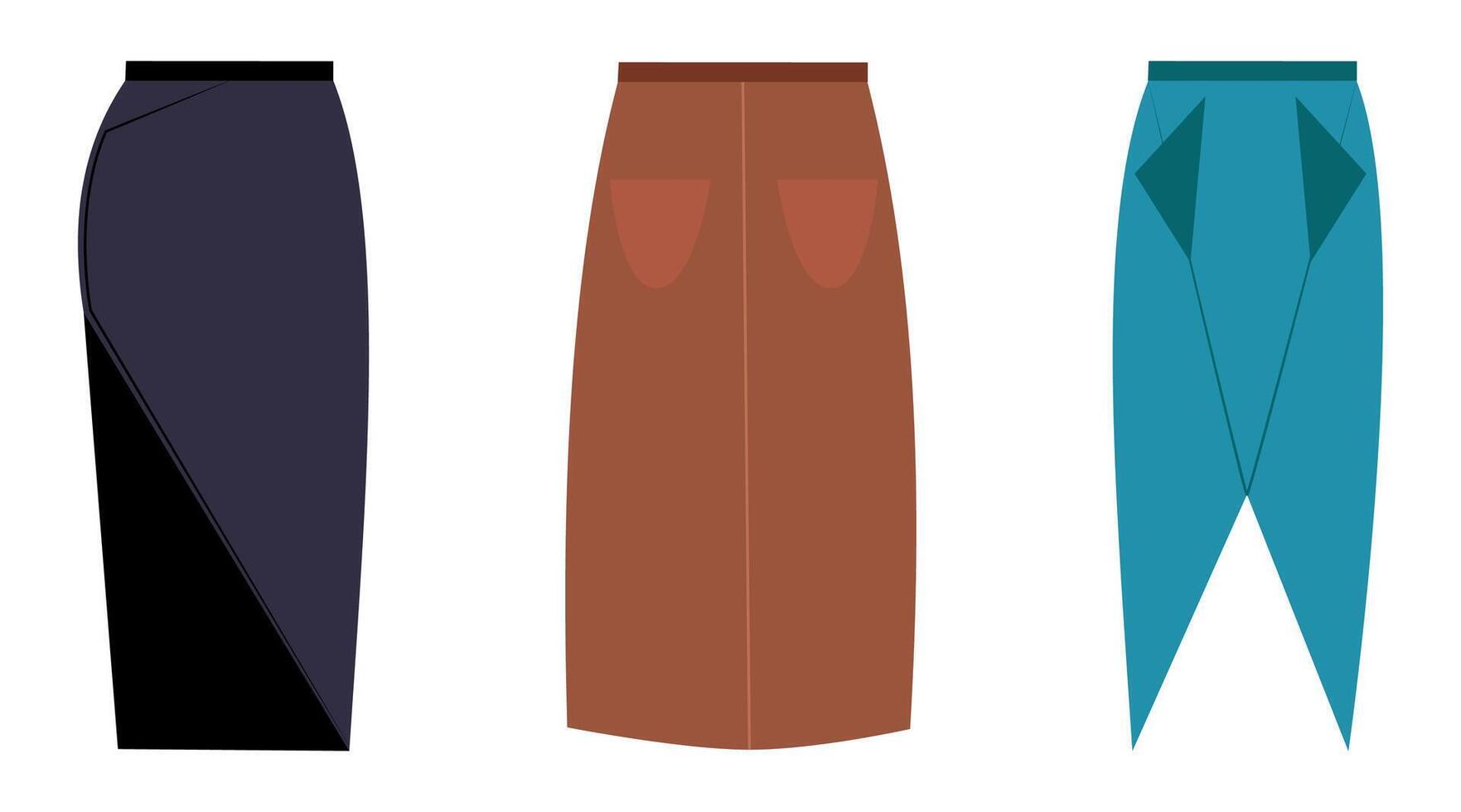 Three skirt designs in black, brown, and teal tones. vector