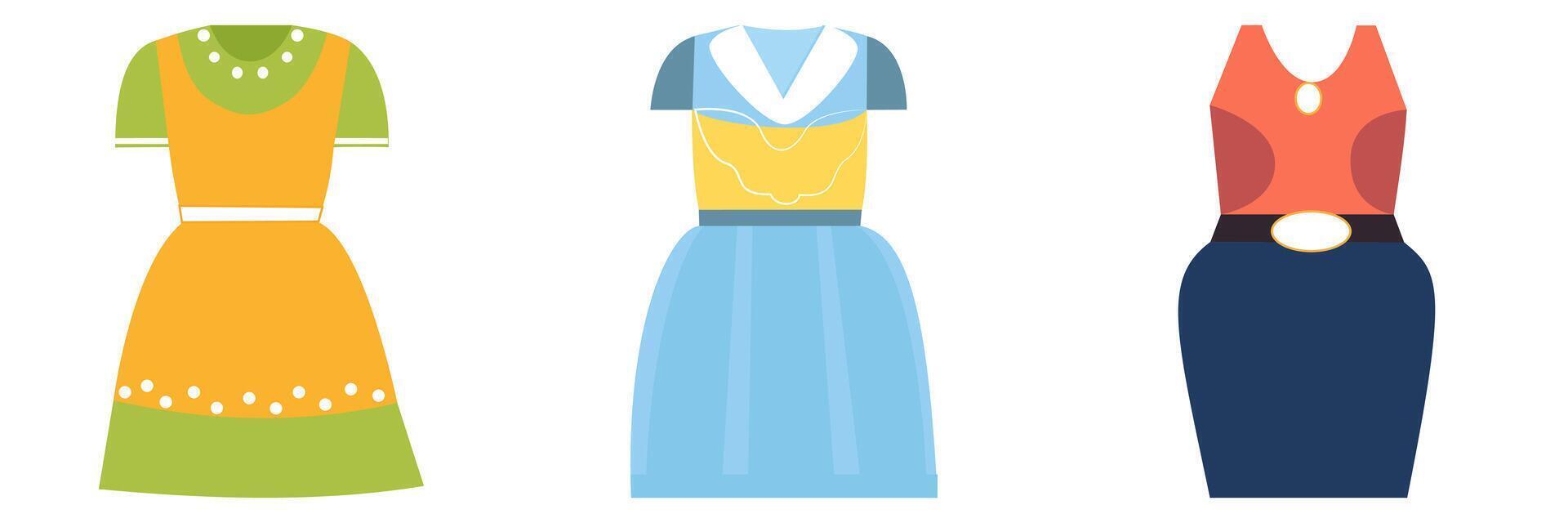 Three stylish dresses in yellow, blue, and orange. illustration. vector