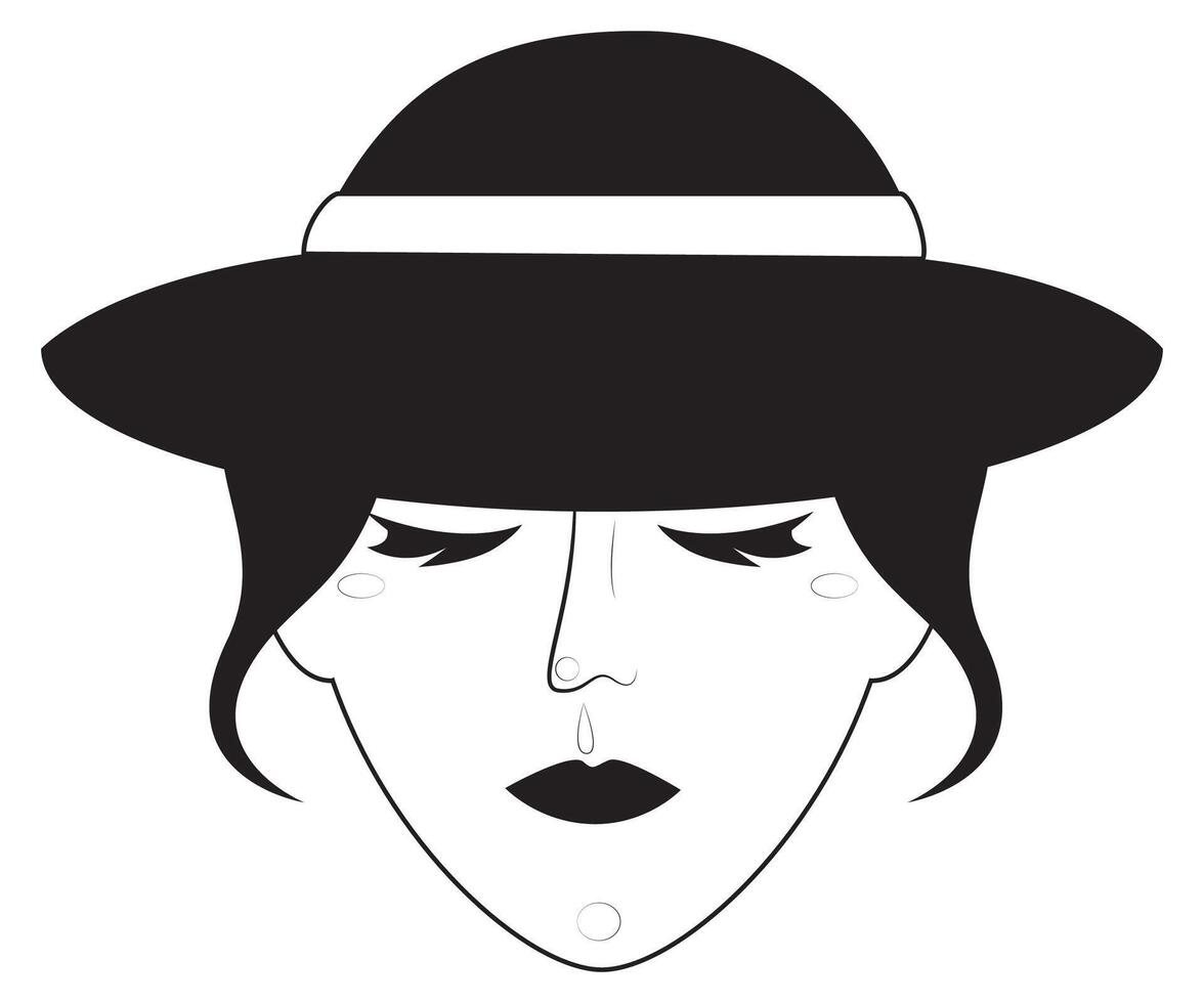 Black and white woman portrait with a hat. illustration. vector