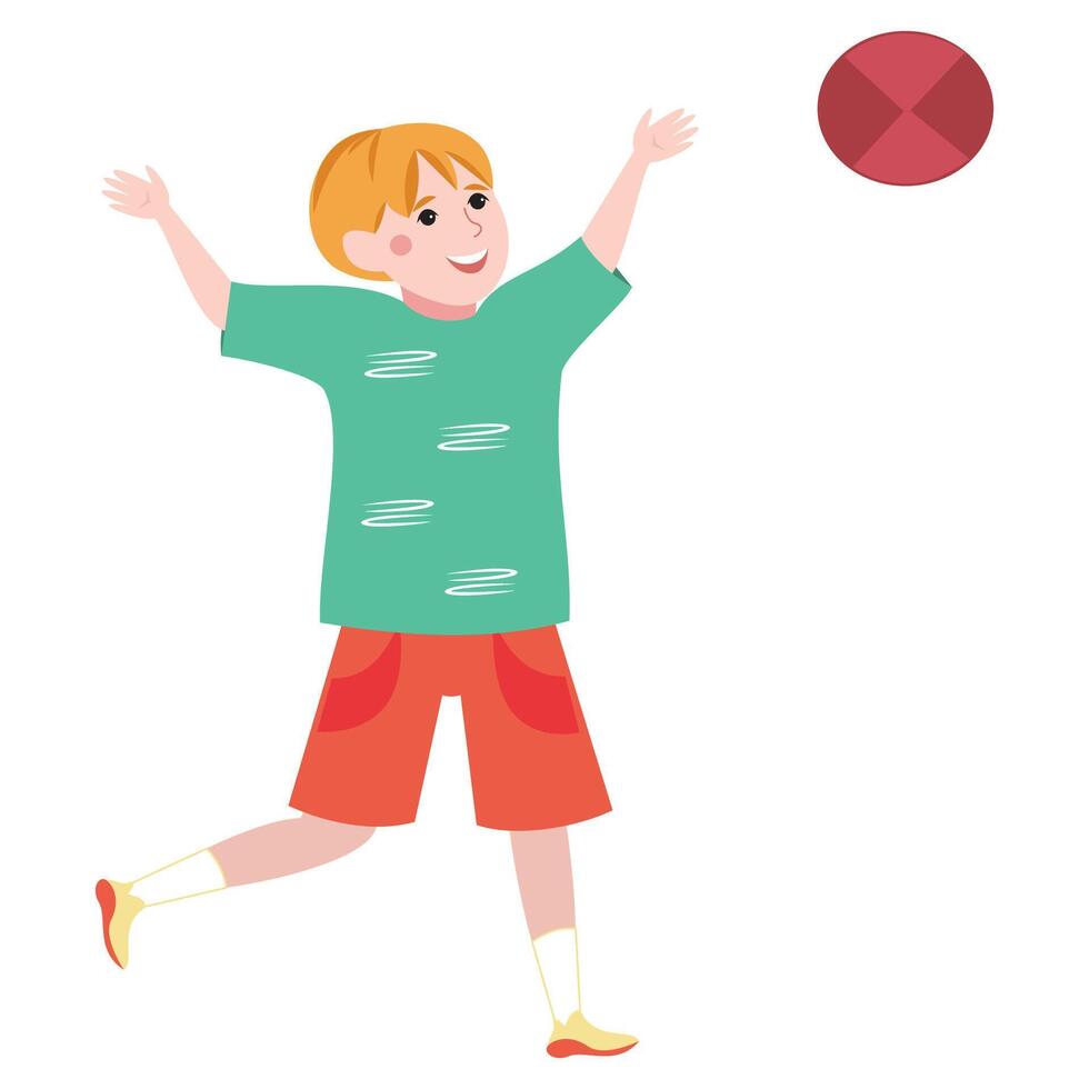 Cartoon of a boy in shorts playing with a red ball outdoors. vector