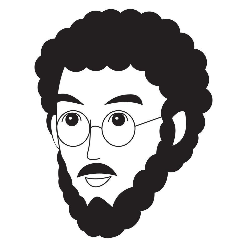 Black and white portrait of a man with glasses and curly hair. vector