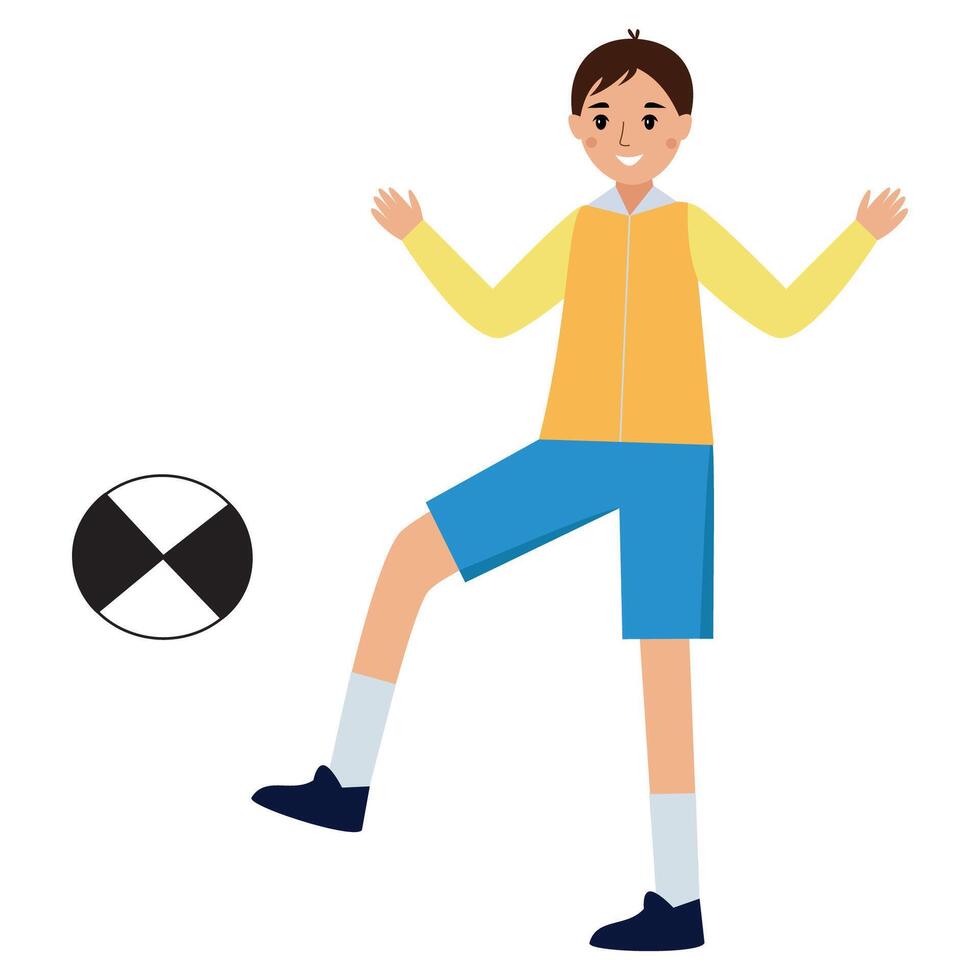 Smiling boy in yellow and blue outfit kicking a ball. vector