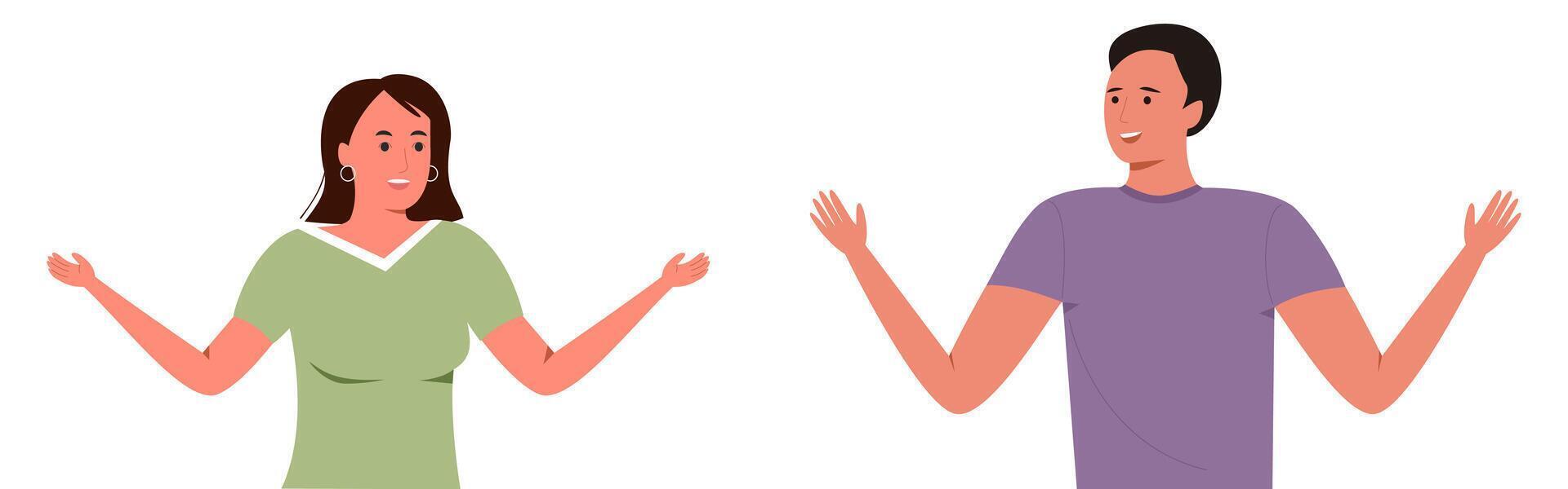 illustration of a man and woman gesturing with hands, appearing to discuss or explain something. vector