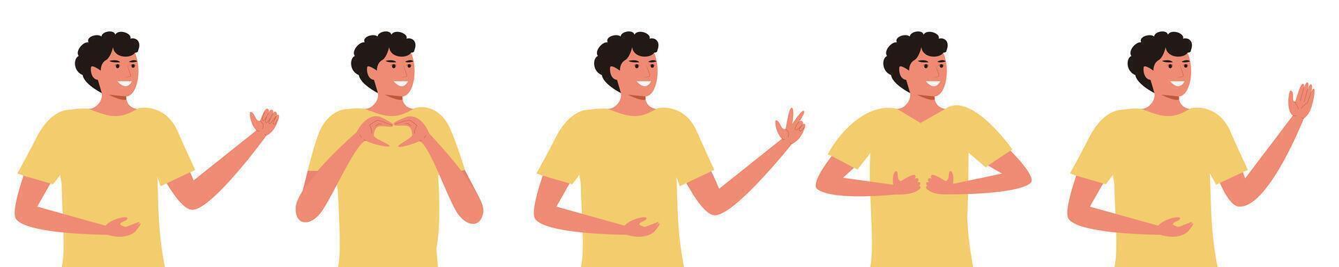 illustration of a man gesturing in various ways, showing different emotions and body language expressions. vector