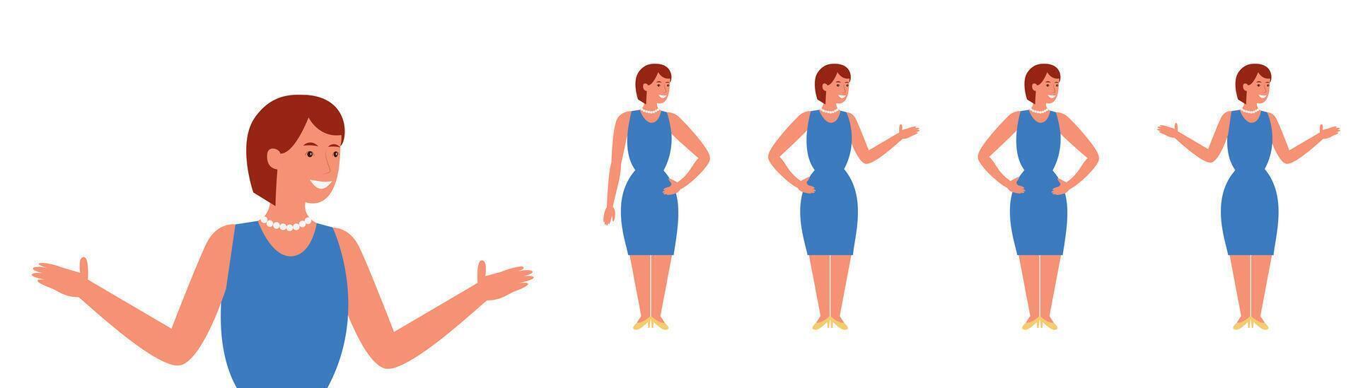 illustration of a woman in a blue dress gesturing with her hands in various poses, showing communication and confidence. vector