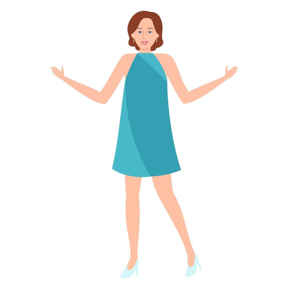 illustration of a woman in a teal sleeveless dress, smiling with open arms, ready to greet. vector