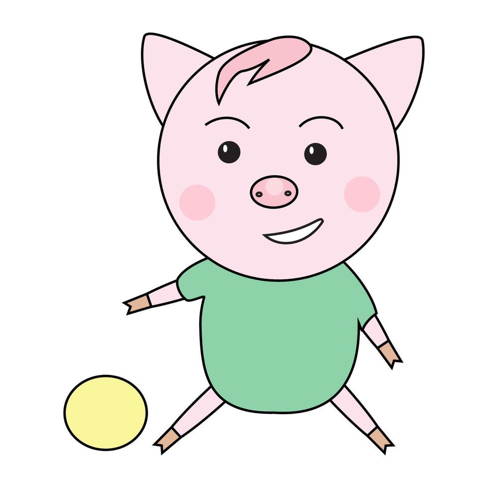 Cute pig in green shirt enjoys playing with a yellow ball. vector