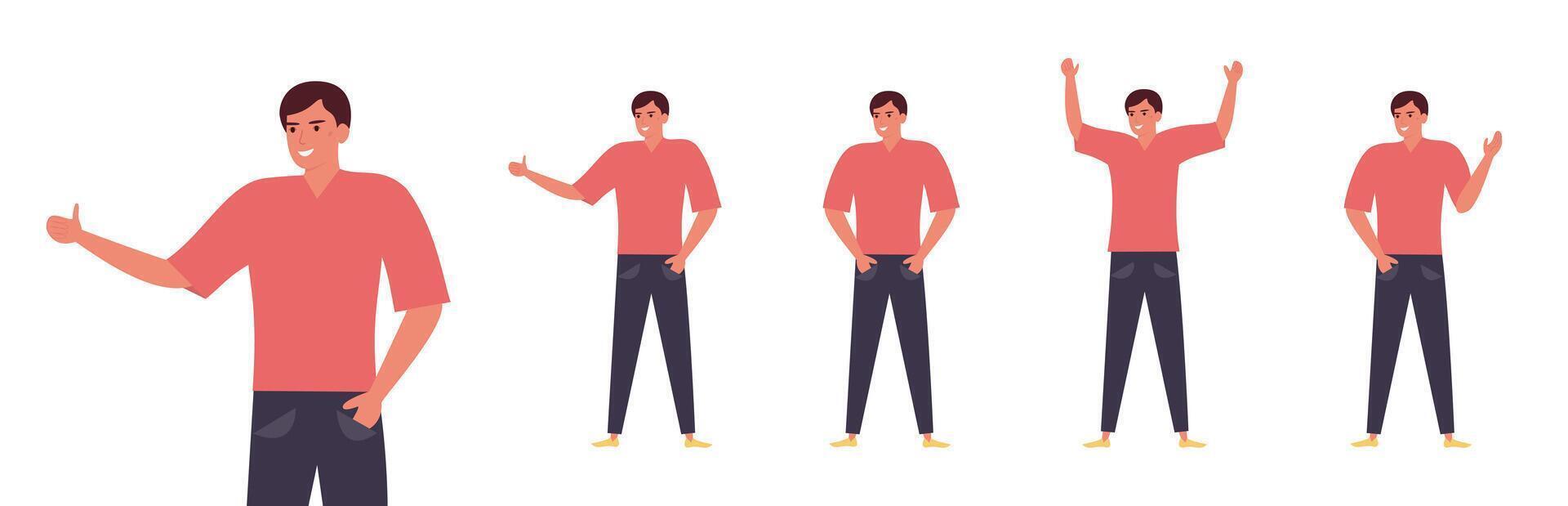illustration of a man in different poses, gesturing with hands, showing emotions like excitement, approval, and explanation. vector