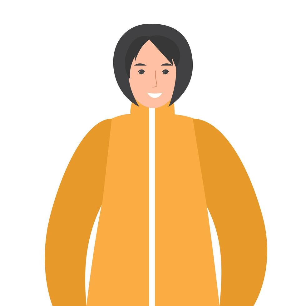 illustration of a woman in a yellow winter coat with a hood, smiling warmly, facing forward. vector