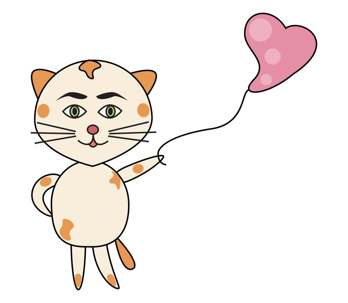 Adorable cat character cheerfully poses with a pink balloon. vector