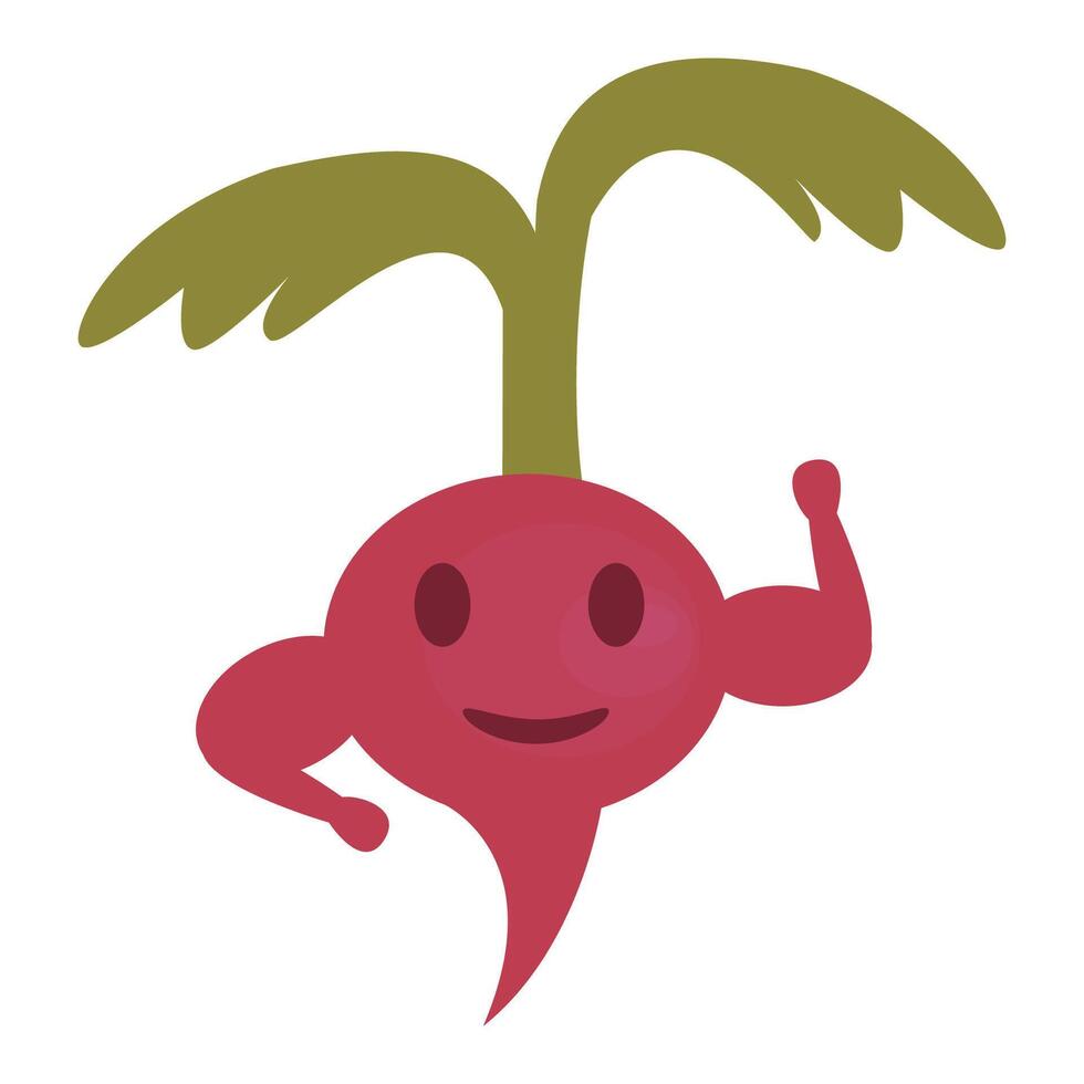 illustration of a cartoon radish flexing muscles, symbolizing health, strength, and nutrition in a fun, playful style. vector