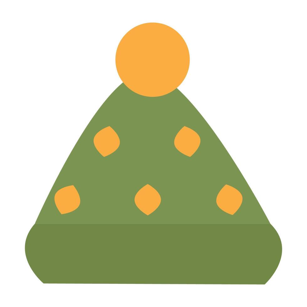 illustration of a green winter hat with orange pom-pom details, featuring a playful design perfect for cold weather and seasonal accessory themes. vector